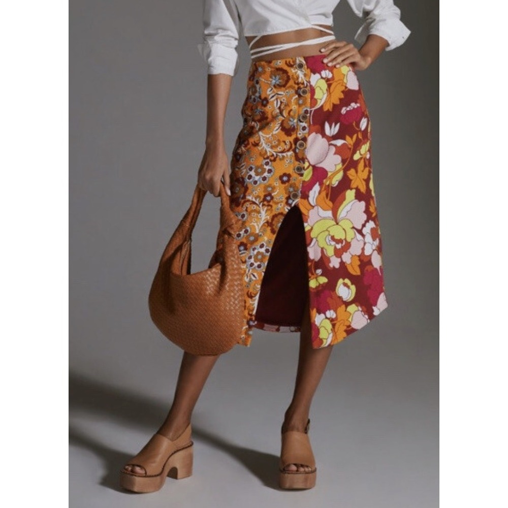 Maeve Anthropologie Floral Asymmetrical Button Fall Front Midi Skirt Orange XS
